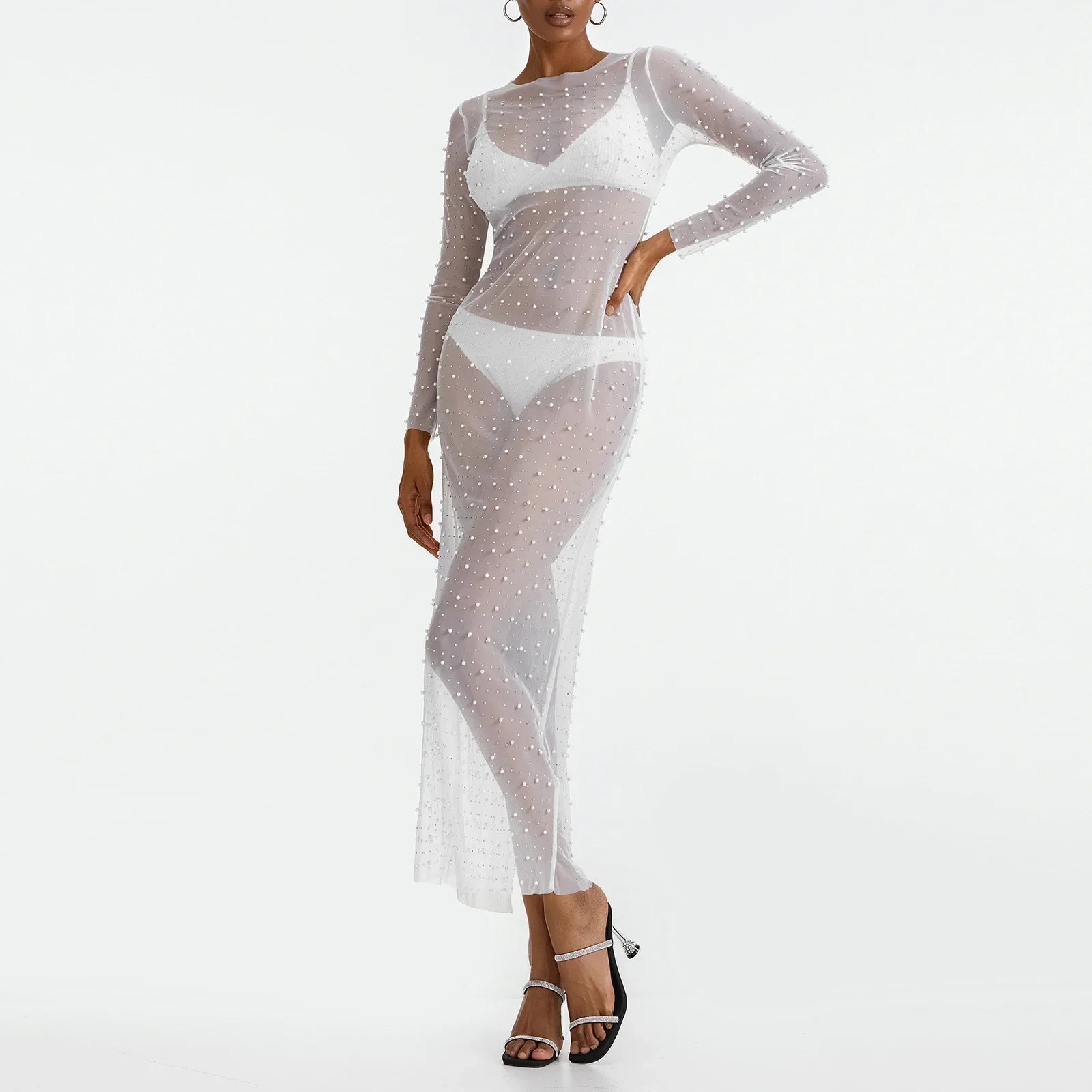 Bohemian Pearl Embellished Maxi Dress - White / S