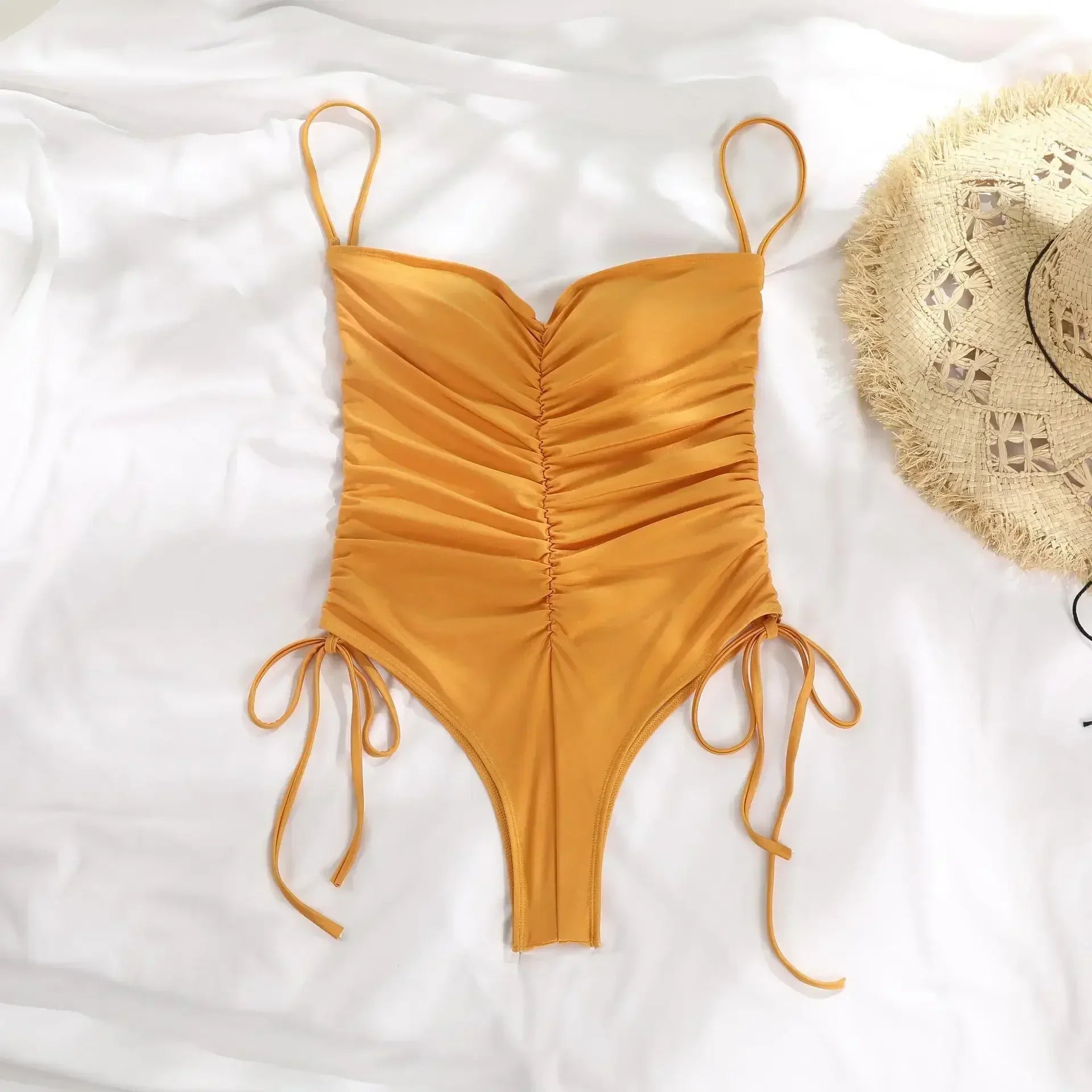 Pleated One Piece Swimsuit - Golden / S